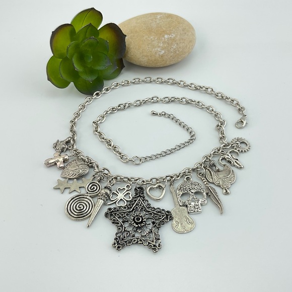 Western Charm Necklace, Handmade, Chunky, Funky, Stars, Skull, Antiqued Silver - Picture 9 of 9